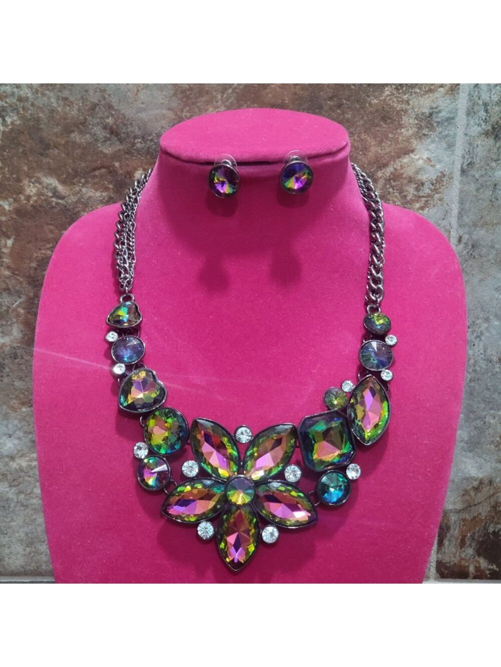 Multi Floral Iridescent Oil Spill Rhinestone Statement Necklace & Earrings Set